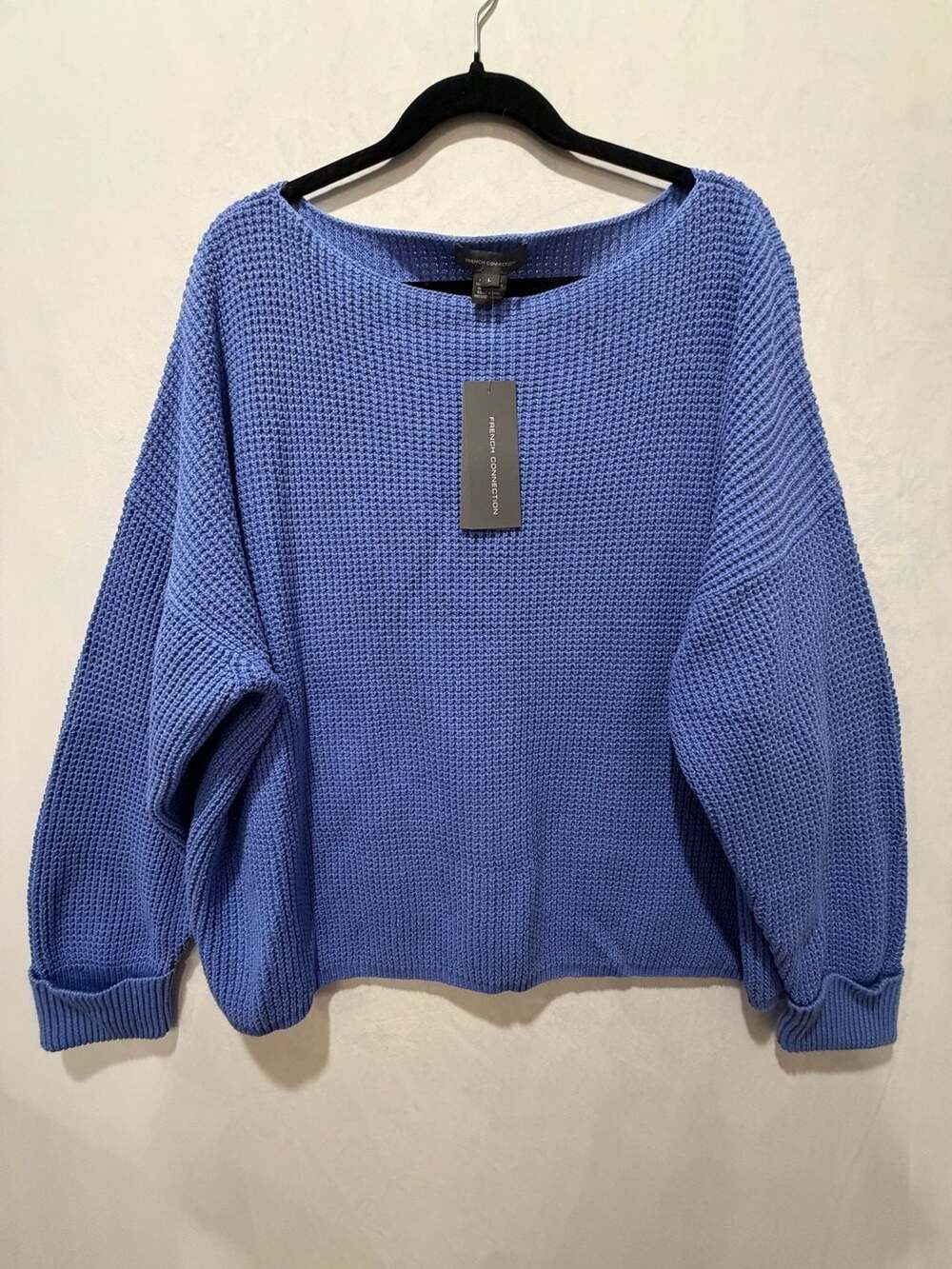 French Connection Blue Wildflower Waffle Knit Cotton Sweater Size L